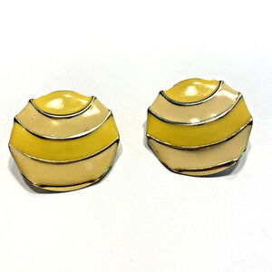 Vintage Pierced Earrings Gold Yellow Cream Enamel Rounds 1980 1990 Fashion Chic